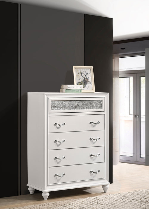 White Barzini 5-drawer bedroom chest by CoasterEveryday, showcasing sleek drawers and modern furniture design.