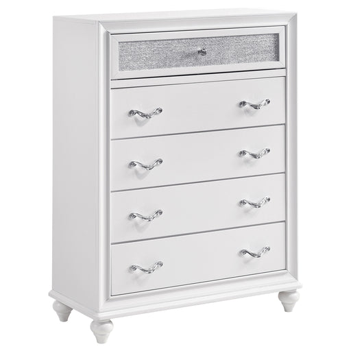 White CoasterEveryday Barzini 5-drawer bedroom chest with sleek handles and modern design, shown in a well-lit bedroom setting.