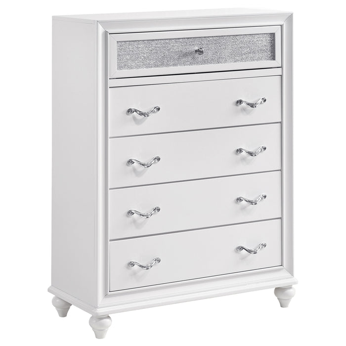 White CoasterEveryday Barzini 5-drawer bedroom chest with sleek handles and modern design, shown in a well-lit bedroom setting.