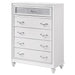 White CoasterEveryday Barzini 5-drawer bedroom chest with sleek design and silver handles, showcasing its modern furniture style.