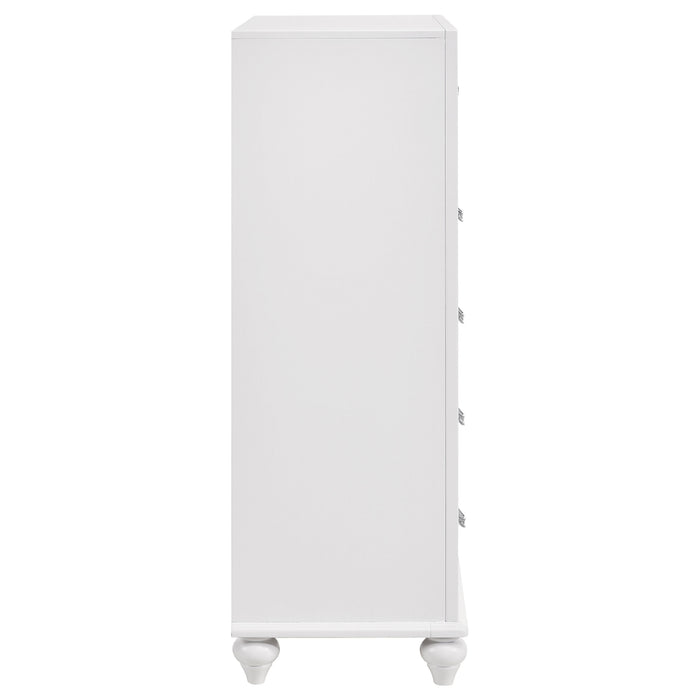 White Barzini 5-drawer bedroom chest by CoasterEveryday, showing sleek drawers and modern furniture design in a bedroom setting.