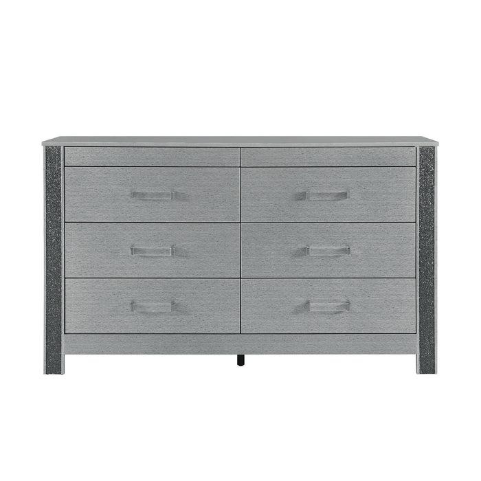 62" Wood Six Drawer Double Dresser - Silver