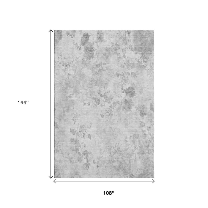 9' X 12' Floral Washable Area Rug With UV Protection (657712) - Gray / Silver