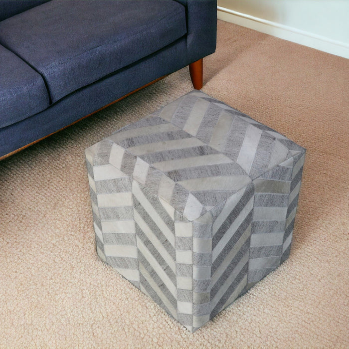 Hair on Hide Cube Chevron Pouf Ottoman - Gray And Ivory