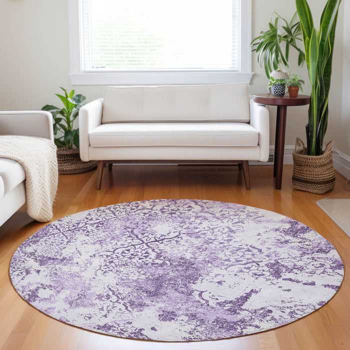 8' Abstract Washable Round Rug With UV Protection - Lavender And Ivory