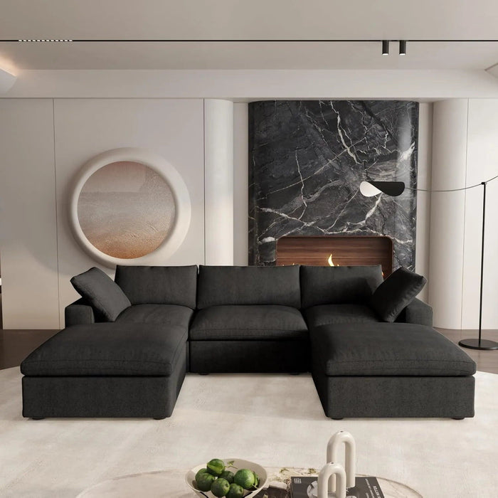 Two Piece Living Room Set Blend Modular Sofa With Ottoman Storage - Black