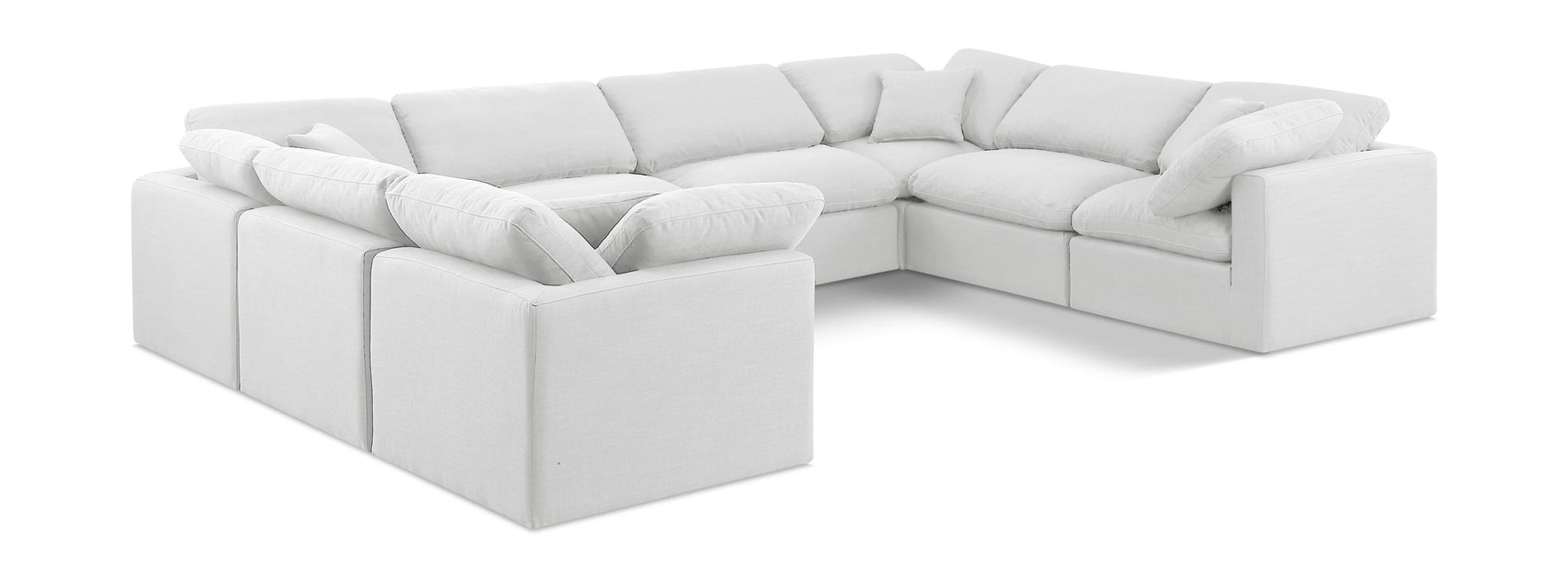 White linen Indulge Meridian Furniture 8-piece modular sectional sofa with stationary design, shown in a spacious living room setting.