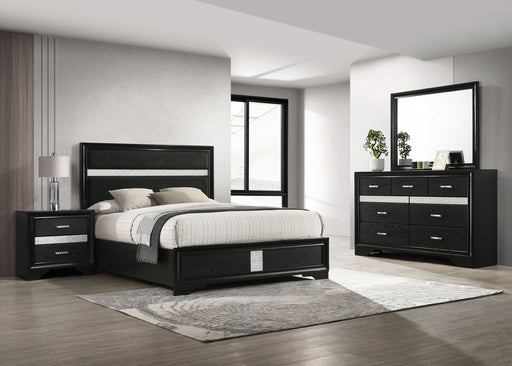 Miranda 4-piece full bedroom furniture set in black, including a bed frame, dresser, mirror, and nightstands, by CoasterEveryday.