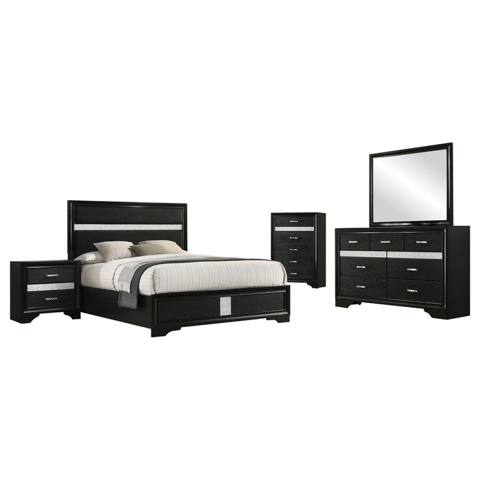 Black Miranda 5-piece bedroom set by CoasterEveryday, including bed frame, dresser, and matching furniture pieces.