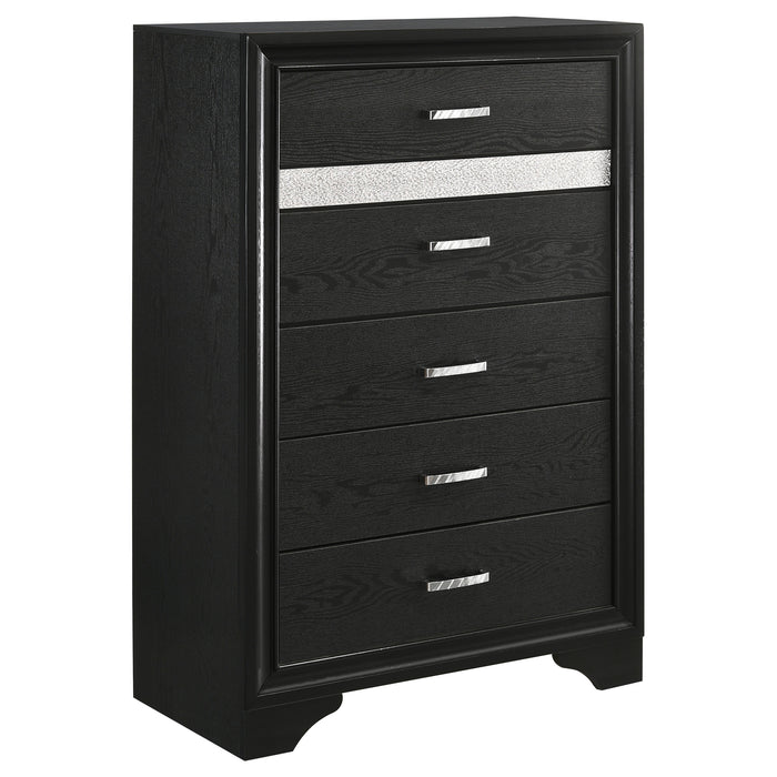 Black Miranda 5-piece full bedroom furniture set by CoasterEveryday, includes bed frame, dresser, mirror, and nightstands.