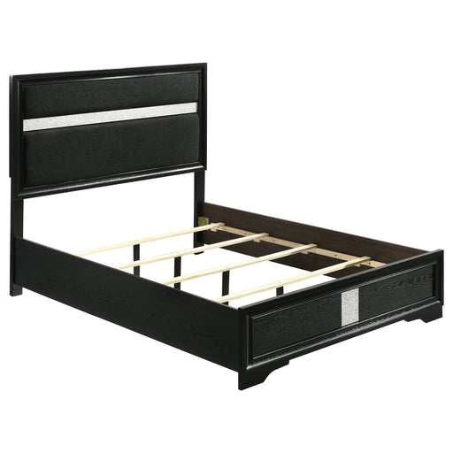 Black upholstered Miranda 54-inch full panel bed with padded headboard and sleek design, perfect for modern bedroom decor.