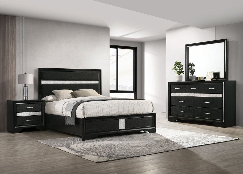 Miranda 4-piece Eastern King bedroom set by CoasterEveryday featuring black furniture including bed, nightstands, and dresser.