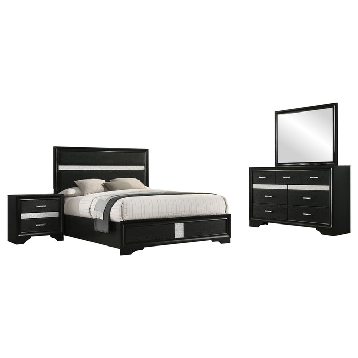 Miranda 4-piece Eastern King bedroom set by CoasterEveryday in black, includes bed frame, dresser, mirror, and nightstands.