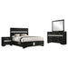 Miranda 4-piece Eastern King bedroom set by CoasterEveryday in black, includes bed frame, dresser, mirror, and nightstands.