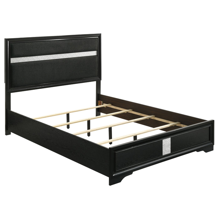 Black Miranda 4-piece Eastern King bedroom furniture set by CoasterEveryday, includes bed frame, nightstands, and dresser.
