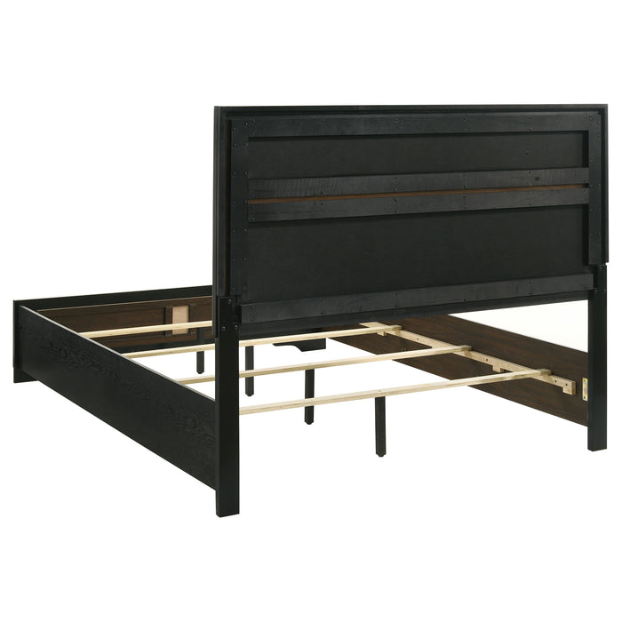 Miranda 4-piece Eastern King bedroom set by CoasterEveryday featuring black furniture with bed frame, dresser, mirror, and nightstands.