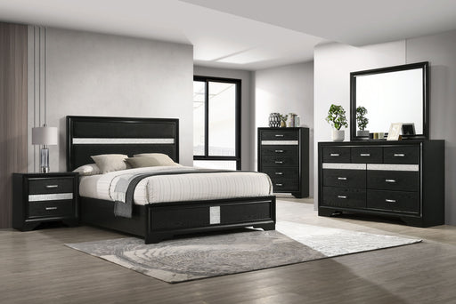 CoasterEveryday Miranda 5-piece Eastern King bedroom set in black, including bed frame, headboard, and matching furniture pieces.