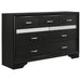 Miranda 5-piece Eastern King bedroom set by CoasterEveryday featuring black furniture, including a bed frame, dressers, and nightstands.