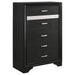Miranda 5-piece Eastern King bedroom furniture set in black with a bed frame, nightstands, and dresser, all in a modern style.