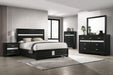 Black Miranda 5-piece California King bedroom furniture set by CoasterEveryday, includes bed frame, dresser, and nightstands.