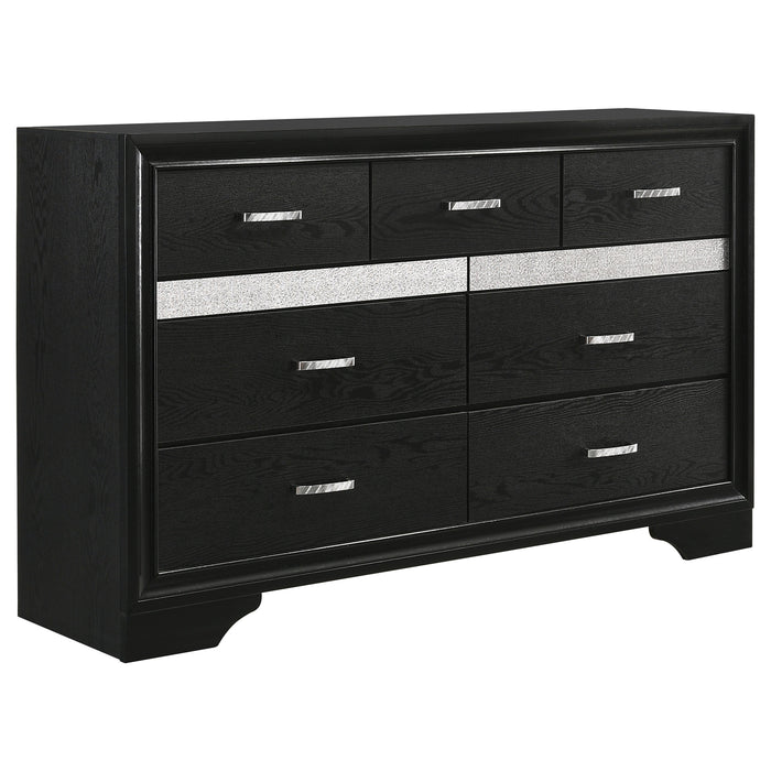 Miranda 4-piece queen bedroom set by CoasterEveryday, black furniture including bed frame, dresser, and nightstands.