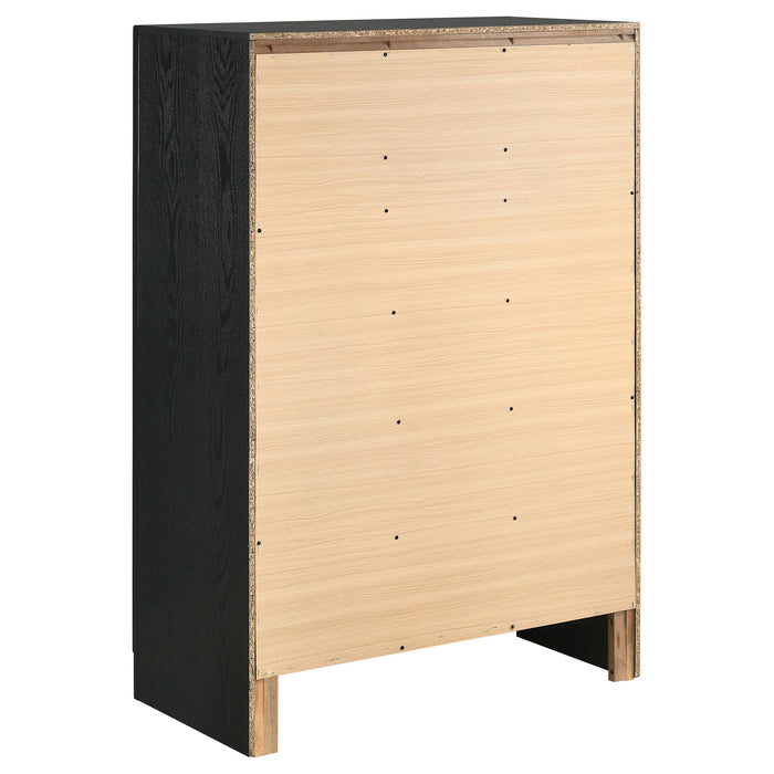 CoasterEveryday Miranda 5-piece Queen bedroom set in black, includes bed frame, dresser, and matching furniture pieces.