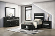Miranda 4-piece twin bedroom set in black, includes bed frame, dresser, nightstands, and mirror, made of modern furniture by CoasterEveryday.