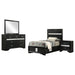 Miranda 4-piece black twin bedroom furniture set by CoasterEveryday, includes bed frame, dresser, nightstands, and mirror.