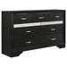 Black Miranda 4-piece twin bedroom furniture set by CoasterEveryday, including bed frame, dresser, nightstand, and mirror.
