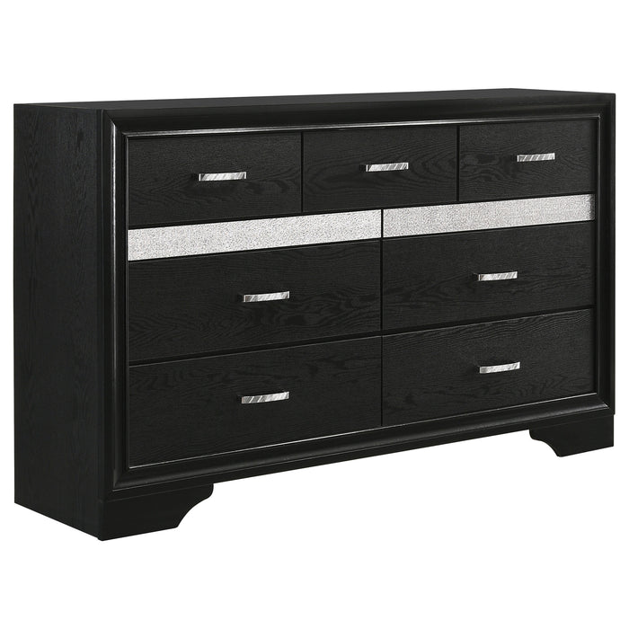 Miranda 5-piece twin bedroom set by CoasterEveryday featuring black furniture, includes bed frame, dresser, and matching accessories.