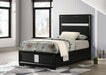 Black upholstered twin panel bed with a sleek headboard and wooden frame, designed for a modern bedroom.