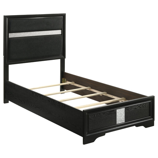 Black upholstered Miranda 54-inch twin panel bed by CoasterEveryday with a sleek, modern design and padded headboard.