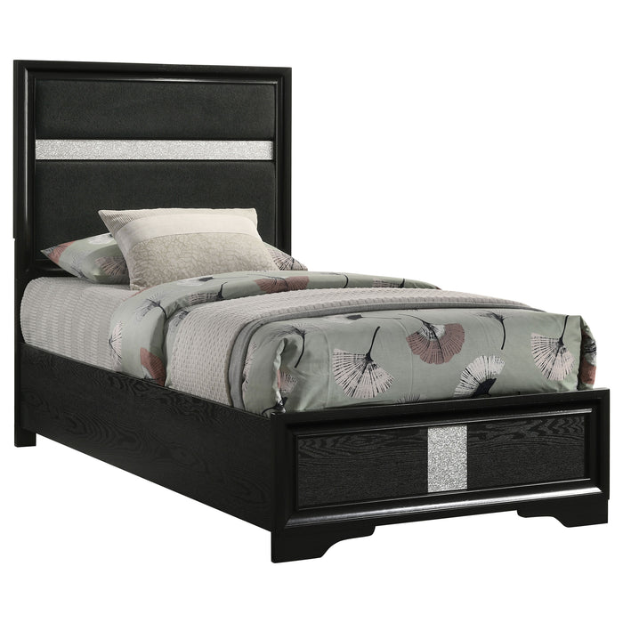 Black upholstered twin panel bed from the Miranda collection featuring a sleek, modern design and sturdy wooden frame.