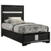 Black upholstered twin panel bed from the Miranda collection featuring a sleek, modern design and sturdy wooden frame.