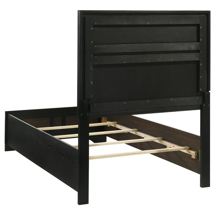 Black upholstered twin panel bed with a sleek 54-inch headboard and modern design, featuring a sturdy wooden frame and clean lines.