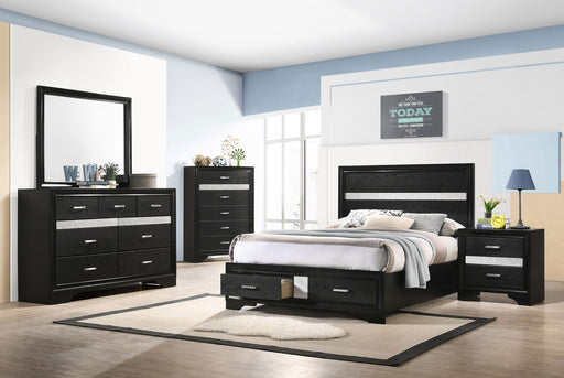 Miranda 5-piece full bedroom set in black, includes bed frame, dresser, and nightstands, made by CoasterEveryday.