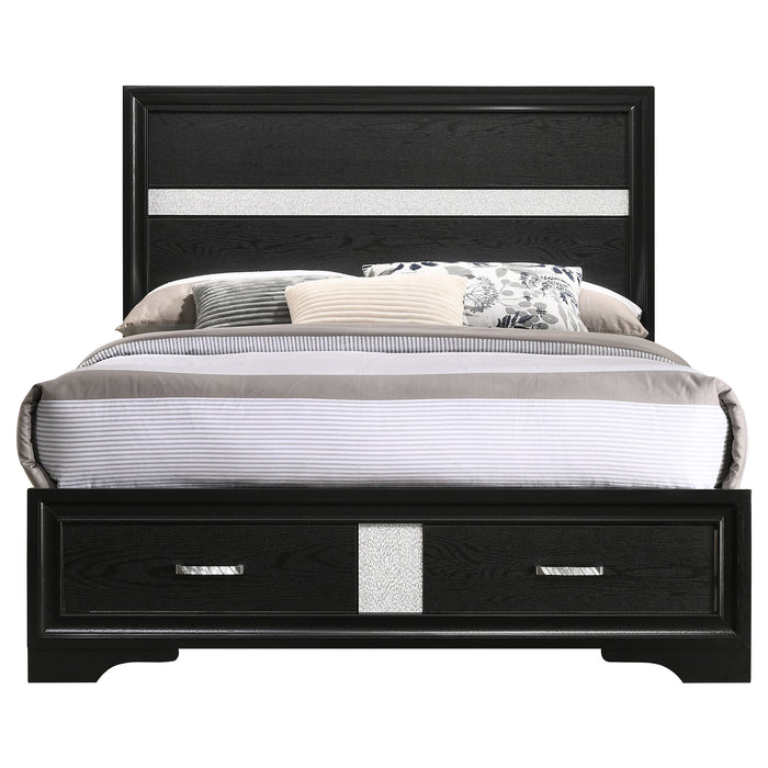 Miranda 51-inch black wood full storage panel bed by CoasterEveryday, showcasing the bed's headboard and storage design.