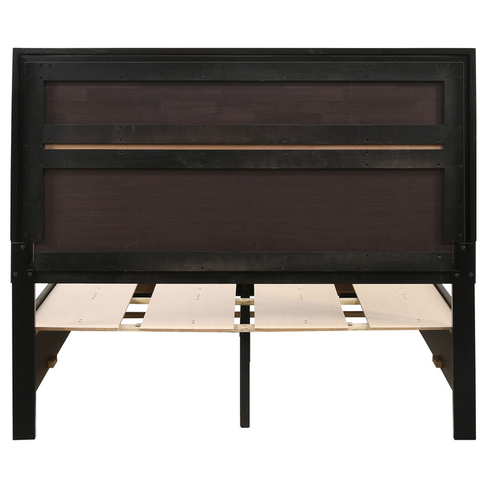 Black Miranda 51-inch wood full storage panel bed by CoasterEveryday, showing the headboard and built-in storage drawers.