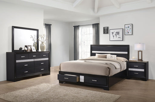 Miranda 4-piece Eastern King bedroom set by CoasterEveryday in black, includes bed frame, dresser, mirror, and nightstands.