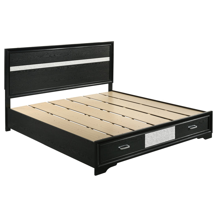 Black Miranda 51-inch Wood Eastern King Storage Panel Bed by CoasterEveryday, showing the bed frame with storage panels and wood finish.