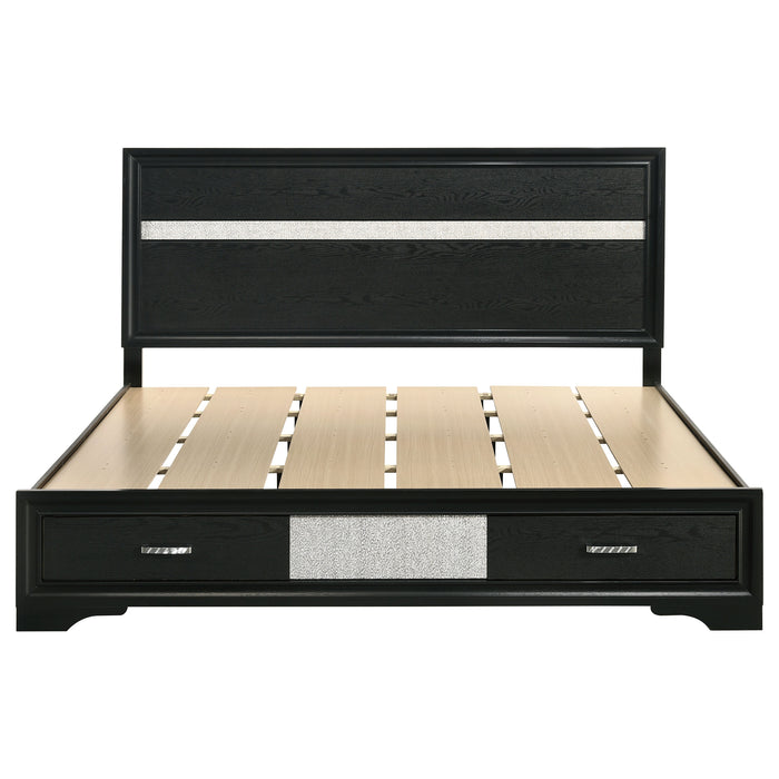 Black Miranda 51-inch Wood Eastern King Storage Panel Bed by CoasterEveryday with detailed wood grain and storage panels.