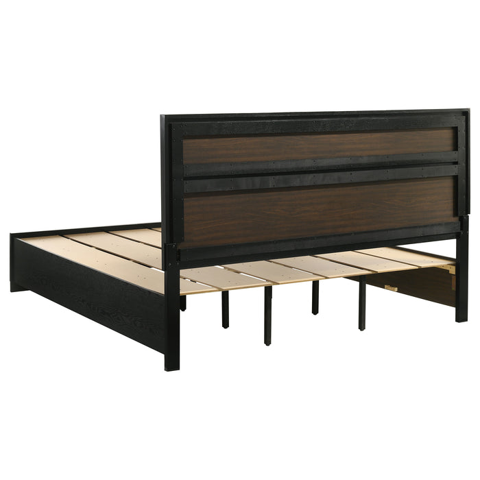 Miranda 51-inch black wood Eastern King storage panel bed by CoasterEveryday, showing the bed frame and headboard in a modern bedroom setting.