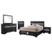 Black Miranda 5-piece California King bedroom furniture set by CoasterEveryday featuring a bed frame, dresser, mirror, and nightstands.