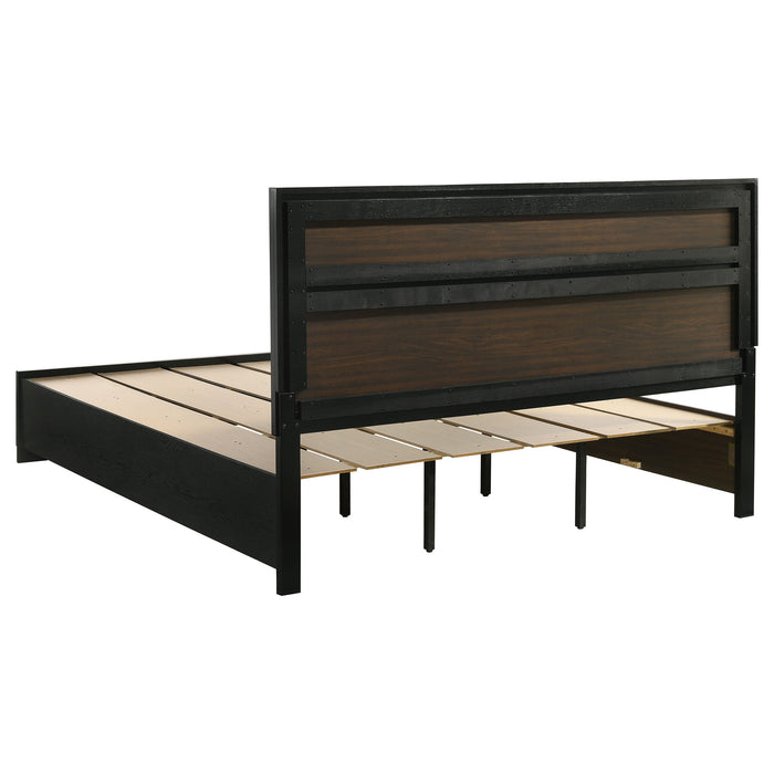 Black Miranda 5-piece California King bedroom furniture set by CoasterEveryday, featuring a bed, nightstands, and matching dresser.