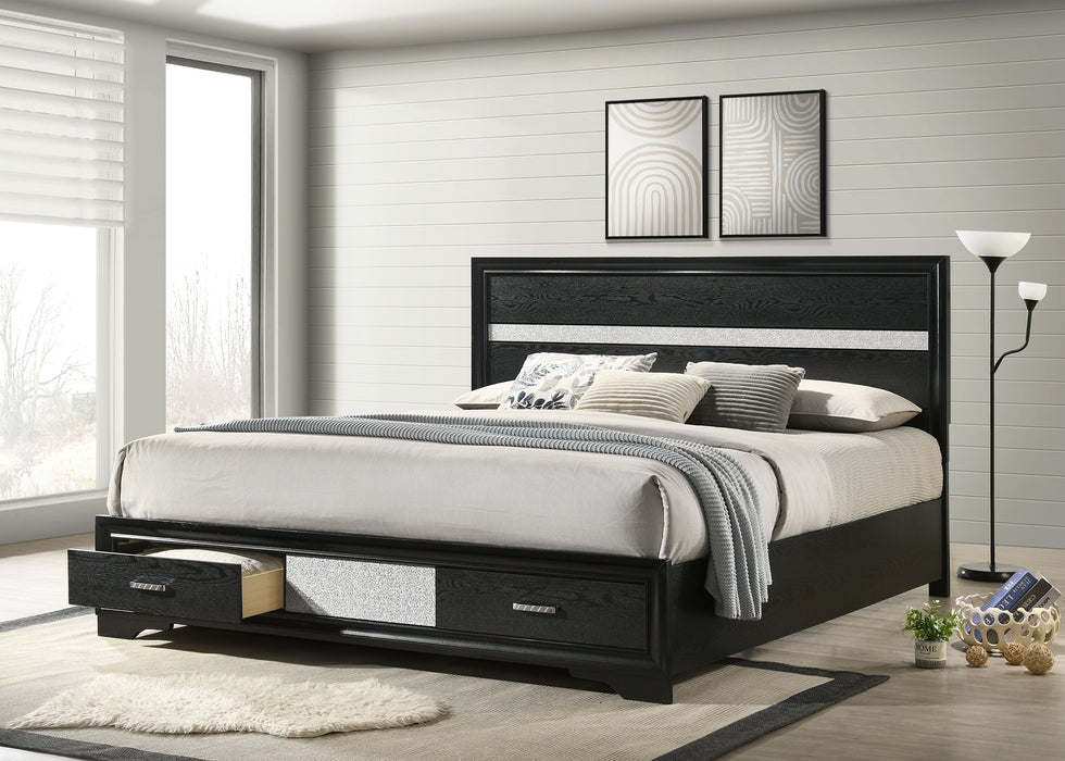 Black Miranda 51-inch California King Storage Panel Bed by CoasterEveryday with wood finish and built-in storage drawers.