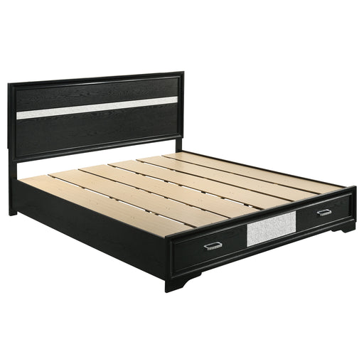 Black California King Storage Panel Bed from Miranda collection, featuring wood construction and sleek design in a CoasterEveryday furniture image.