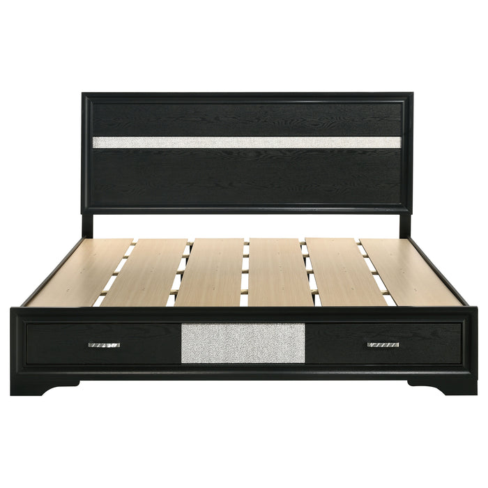 Black 51-inch California King Storage Panel Bed from CoasterEveryday with wood finish and modern design, showcasing the headboard and storage panels.
