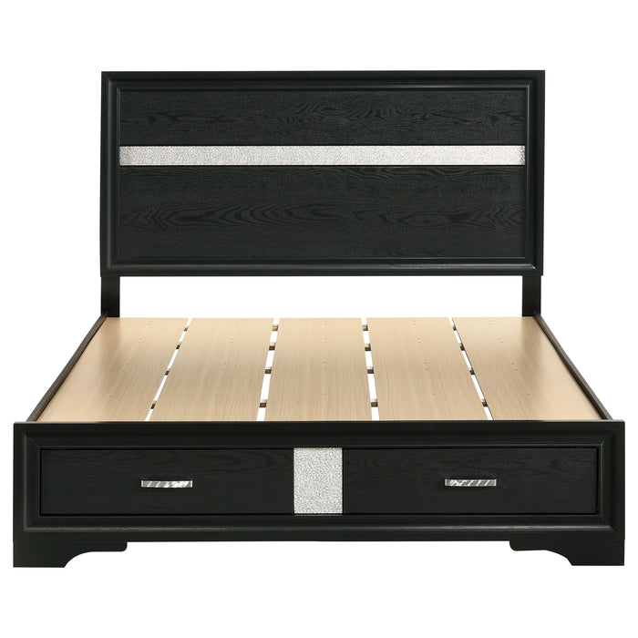 Black 51-inch wood queen storage panel bed from CoasterEveryday featuring a sleek, modern design with a sturdy headboard and storage drawers.