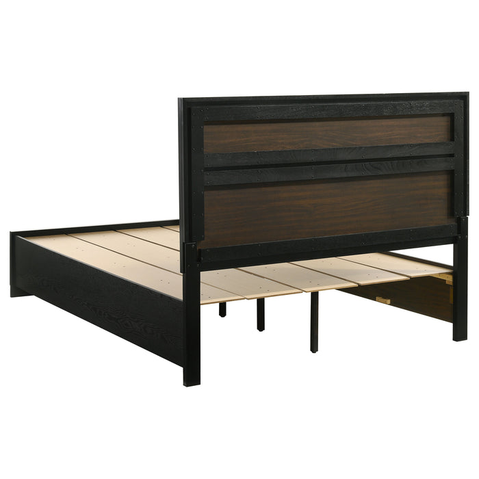Black Miranda 51-inch wood queen storage panel bed by CoasterEveryday, showing the headboard and storage compartments.