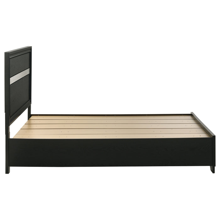Black Miranda 51-inch wood queen storage panel bed by CoasterEveryday, featuring a sleek design and built-in storage drawers.
